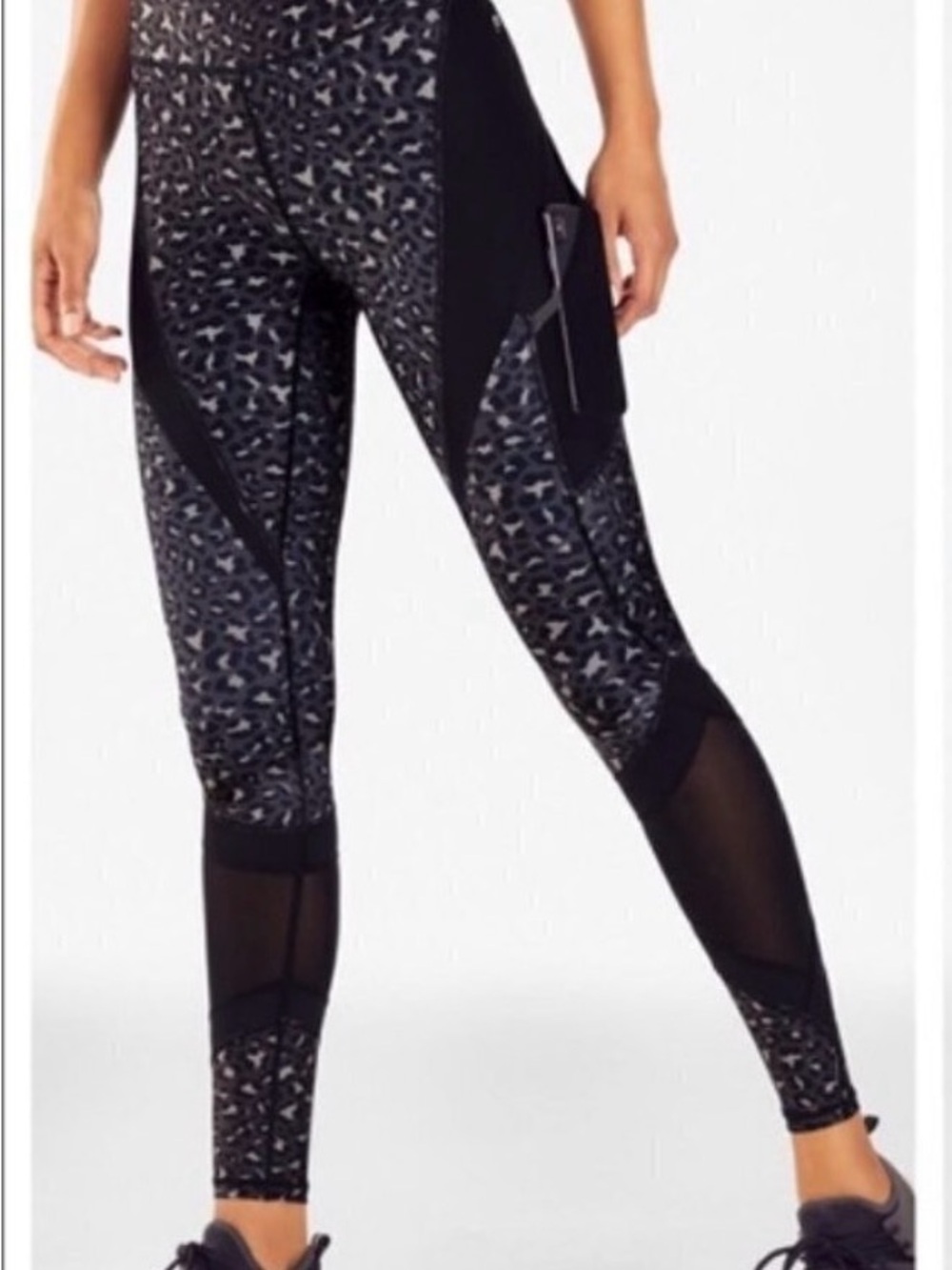 Fabletics Black Patterned Mesh Inset Active Leggings